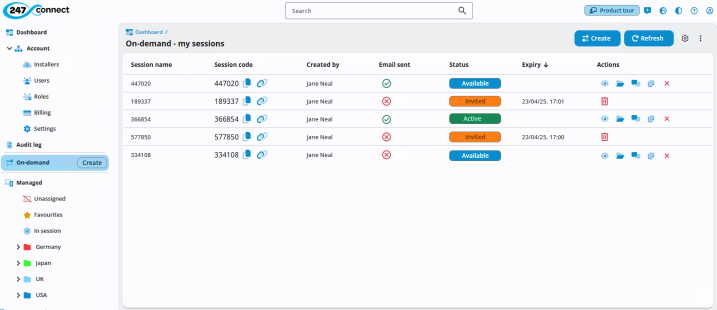 Screenshot of the "On-demand – my sessions" page in 247connect. The table lists session details including session name, session code, creator (Jane Neal), email status (sent or not sent), session status (Available, Invited, or Active), expiry date/time (for some sessions) and a row of action icons for each session. The sidebar highlights the "On-demand" section and contains other navigation items such as Dashboard, Account, Audit log, and Managed groups by region.